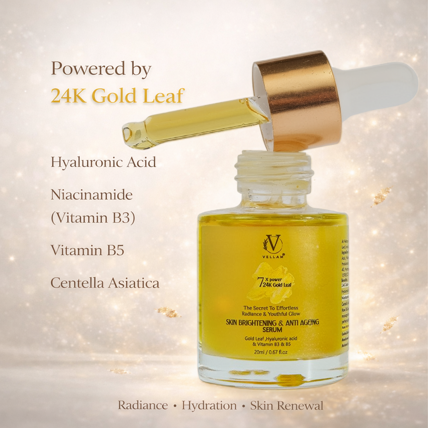 Vellam 7X Power 24k Gold Leaf Serum for Brightening, Ageing & Dark Sport Secondary image