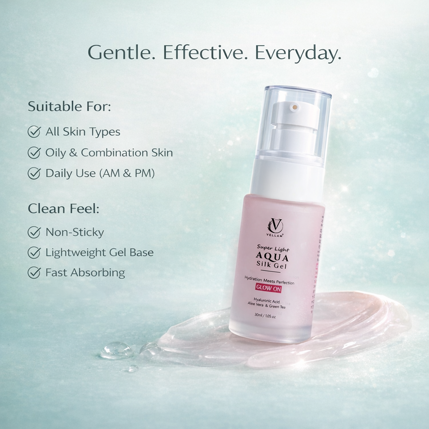 Vellam Super Light Aqua Silk Gel Face Moisturizer with Aloe Vera,Green Tea & Vitamin E for 24 Hours Hydration Secondary image